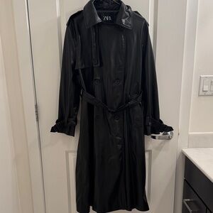 Zara Sleek Black Faux Leather Trench